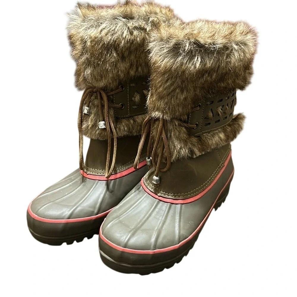 Khombu Womens Fur Lined Winter Snow Boots Waterproof Pink Trim Lace Up‎ Size 7